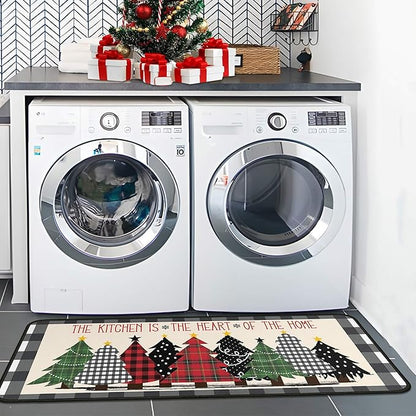Buffalo Plaid Xmas Trees Merry Christmas Kitchen Rugs Set of 2, Christmas Indoor Floor Mats for Winter, Xmas Door Mat Runner Rug for Kitchen Home Decor 17"x47"+17"x30"