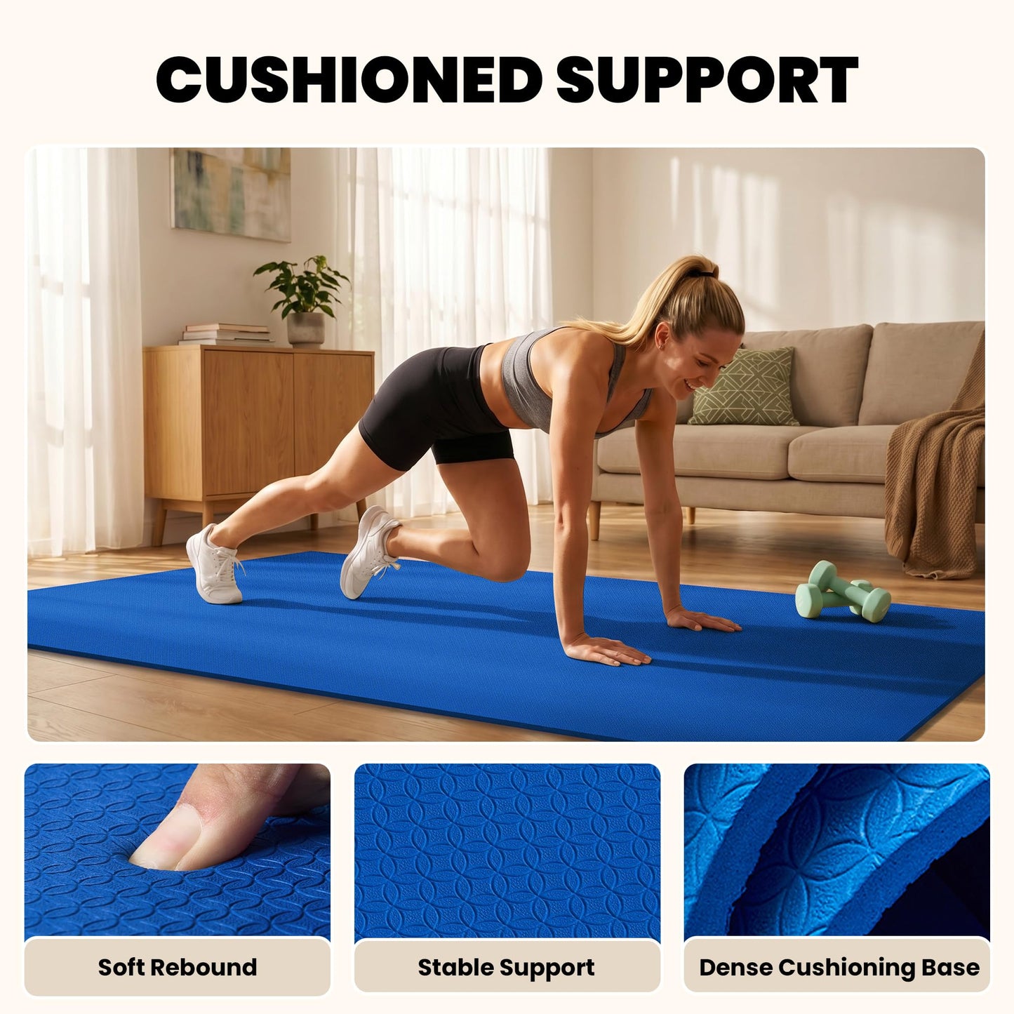 Flexlift Large Yoga Mat Non-Slip, Ultra Durable, Wide Workout Mat, Wide Exercise Mats for Home Workouts, Yoga, Pilates, Stretching (Barefoot Exercise) - Blue