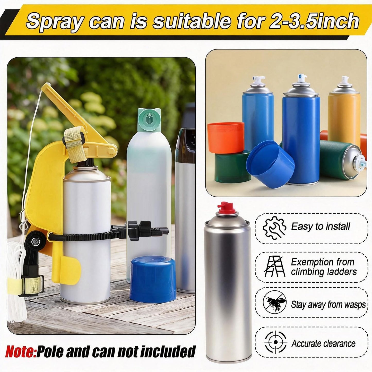 Novabright 2 Pcs Spray Can Extension Pole Adapter - Adjustable Angle Aerosol Can Trigger Handle with Pull Cord - High Reach Tool for Wasp Hornet Sprayer, Carpenter Bee Dusting & Painting (Yellow)