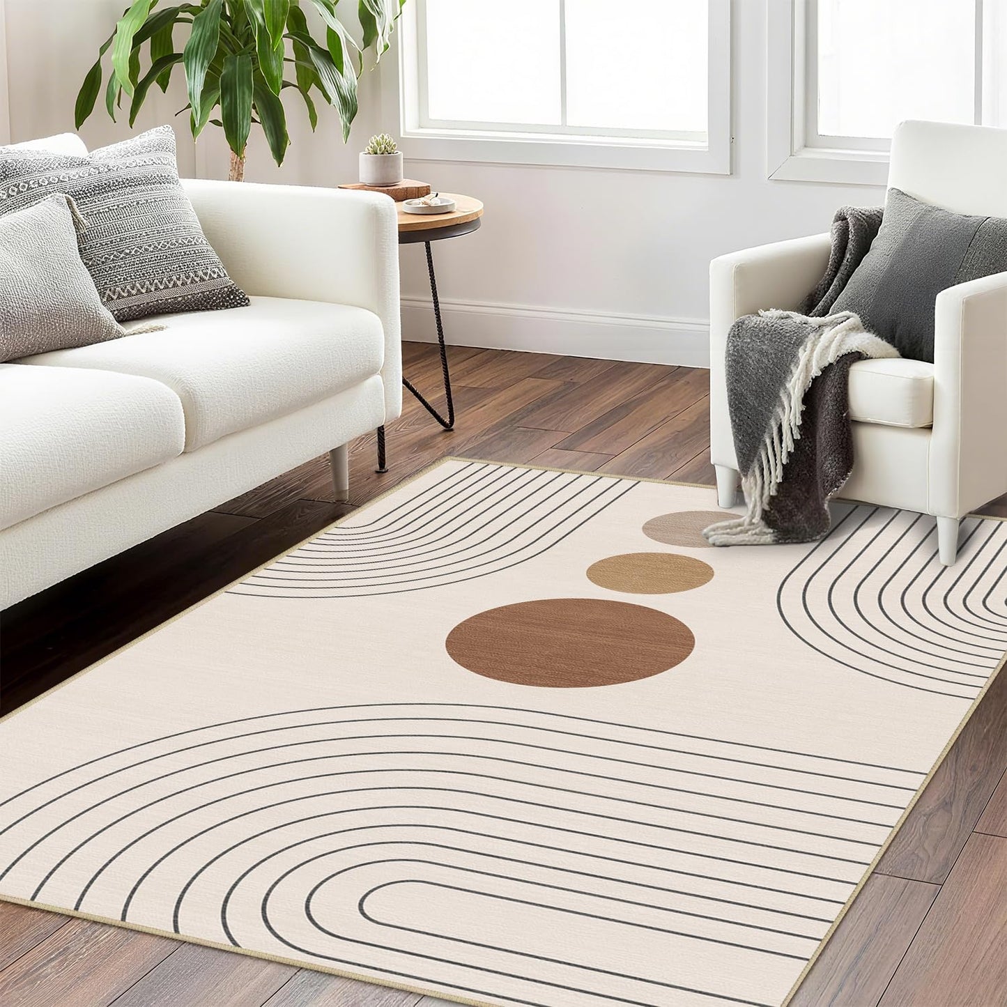 Boho Rug 3x5 Modern Geometric Minimalist Abstract Line Area Rug for Entryway Living Room Neutral Beige Mid Century Modern Machine Washable Non-Slip Printed Low-Pile Floor Carpet for Kitchen Bedroom
