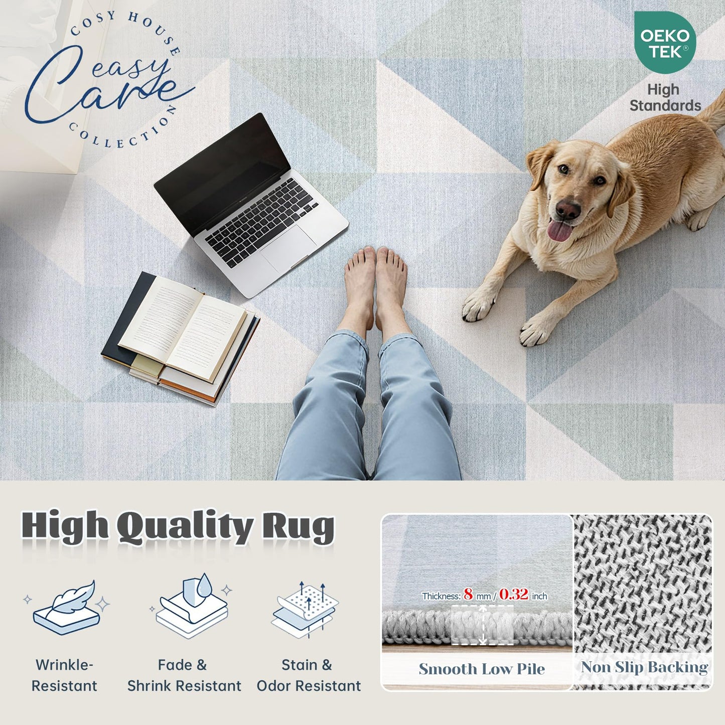 Washable Rug 8x10 Area Rugs: Modern Geometric Area Rug for Living Room Non-Slip Neutral Soft Carpet Low Pile Stain Resistant Indoor Rugs for Bedroom Nursery Dining Room Office (Light Blue, 8'X10')