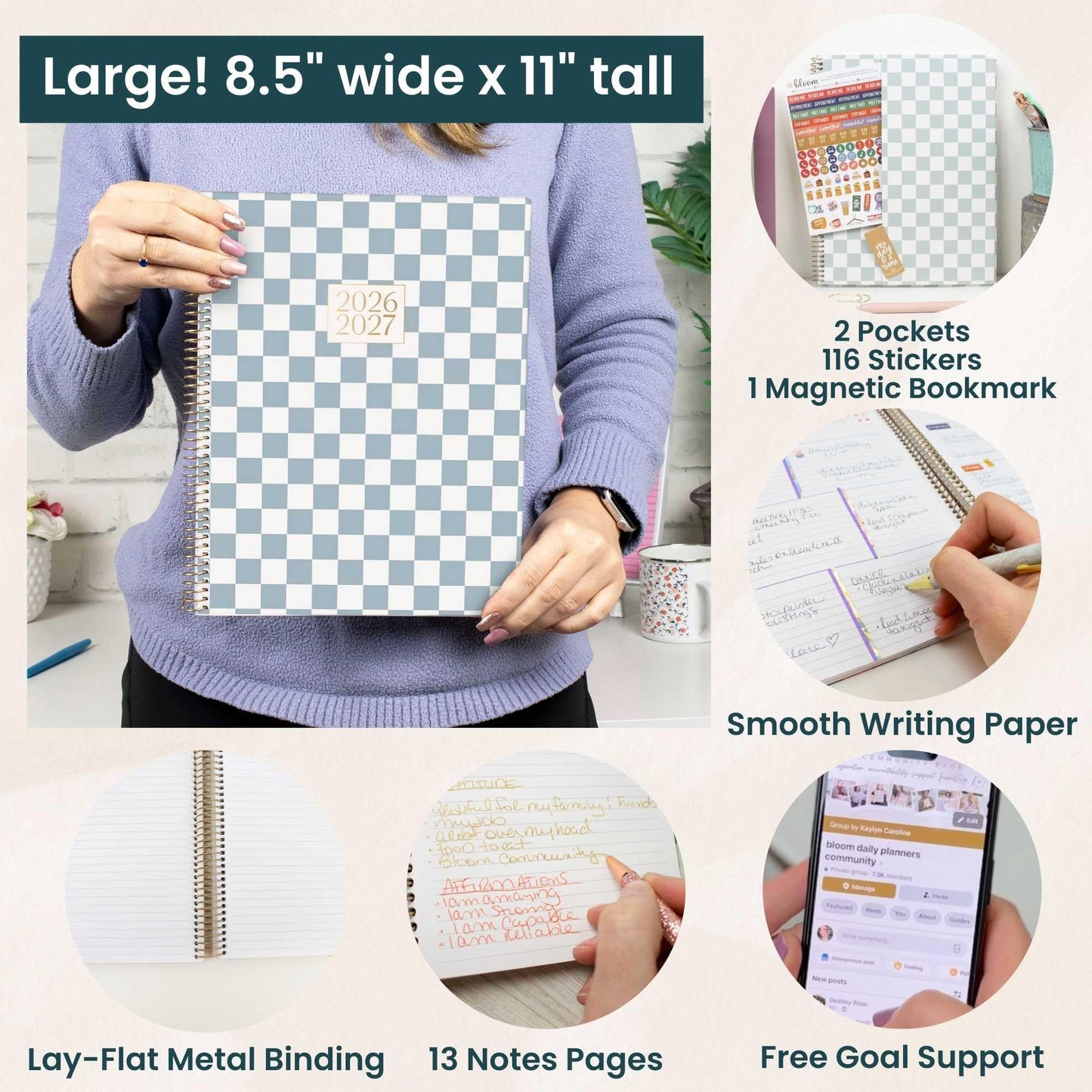 bloom daily planners 2026-2027 Planner (8.5” x 11") 13 Month Academic Year Organizer (July 2026 - July 2027) - Weekly & Monthly Agenda Book with Stickers & Tabs - Checkered