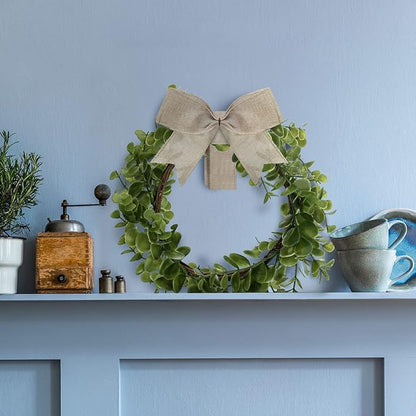 WILLBOND 4 Pcs Christmas Kitchen Cabinet Wreath Boxwood Garland with Ribbon Greenery Garland Hanging Wreaths for Cabinet Wall Window Door Fireplace Party Farmhouse Decor(Burlap,Linen)