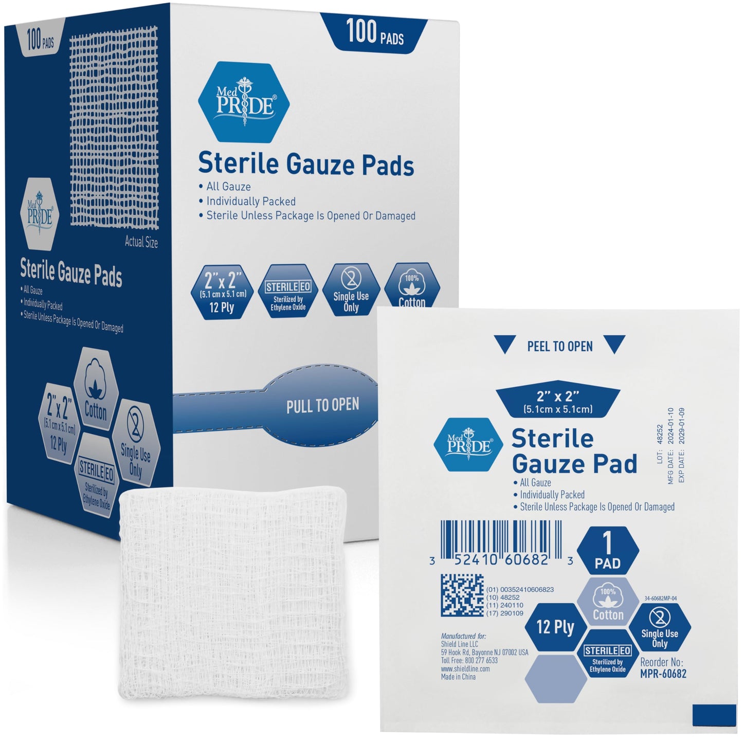 MED PRIDE Sterile Nonstick Gauze Dressing Pads,12-Ply Cotton,2x2 in,100-Ct