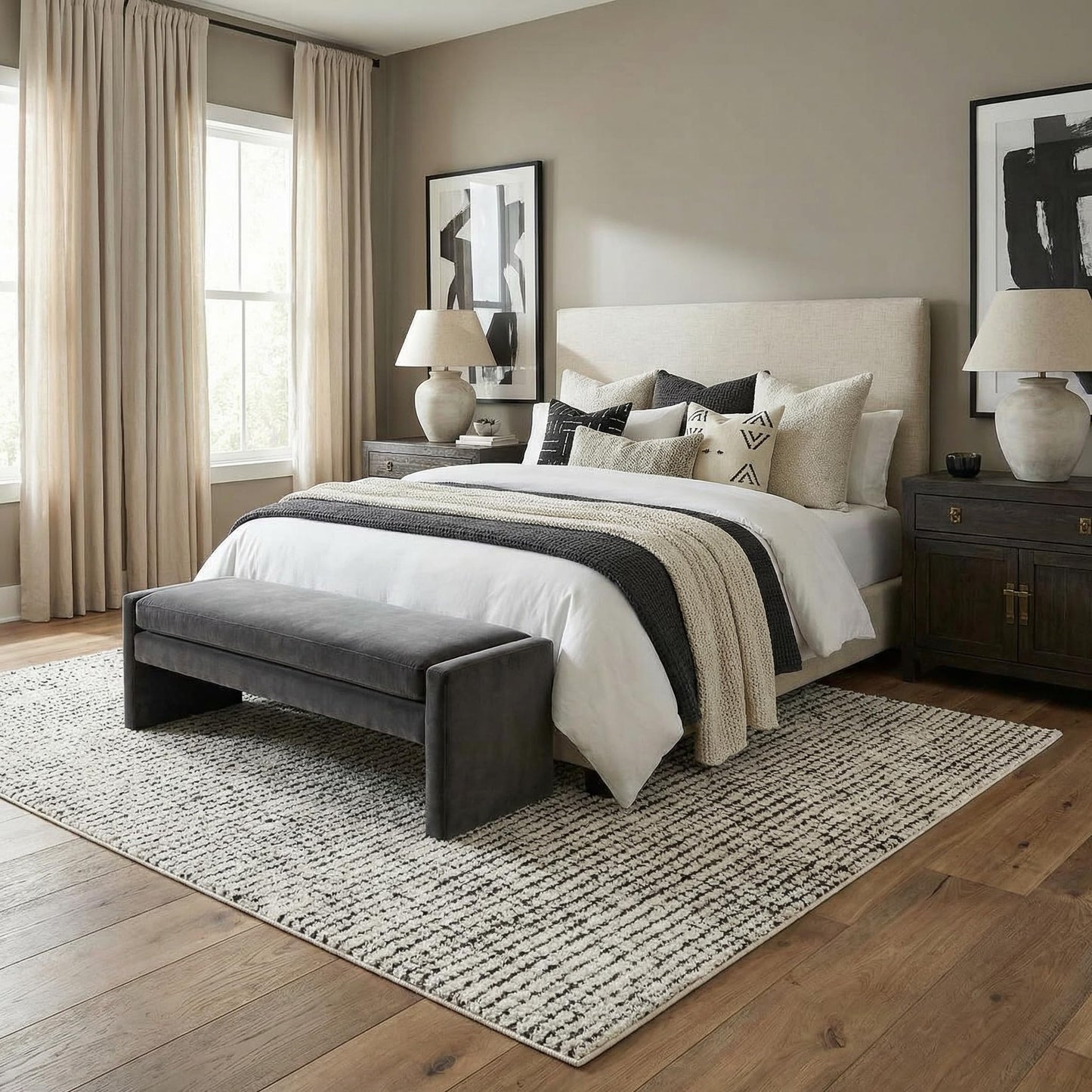 BoutiqueRugs Ivory Grid Contemporary Plush 5x7 Area Rug Black Checkered Mosaic Keita Living Room Bedroom Dining Room Home Office Apartment 5'3" x 7' Stain Resistant Non-Shedding Pet Friendly