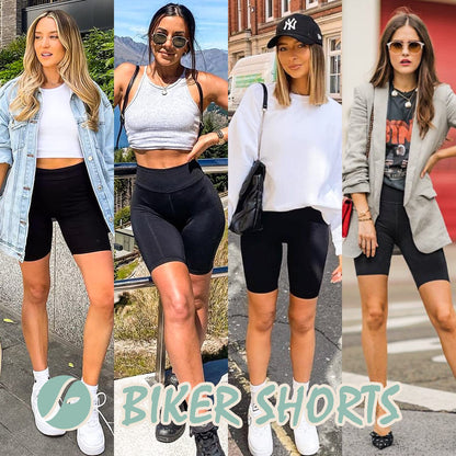 FULLSOFT 4 Pack Biker Shorts for Women – 8" High Waist Tummy Control Workout Yoga Running Compression Exercise Shorts with Pockets(4 Pack Black/Navy Blue/Grey/Pink,Large-X-Large)