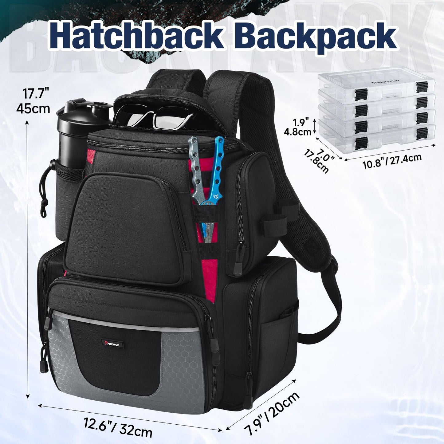 Piscifun Fishing Backpack with 2 Rod Holders, 4 Boxes & Rain Cover, Black