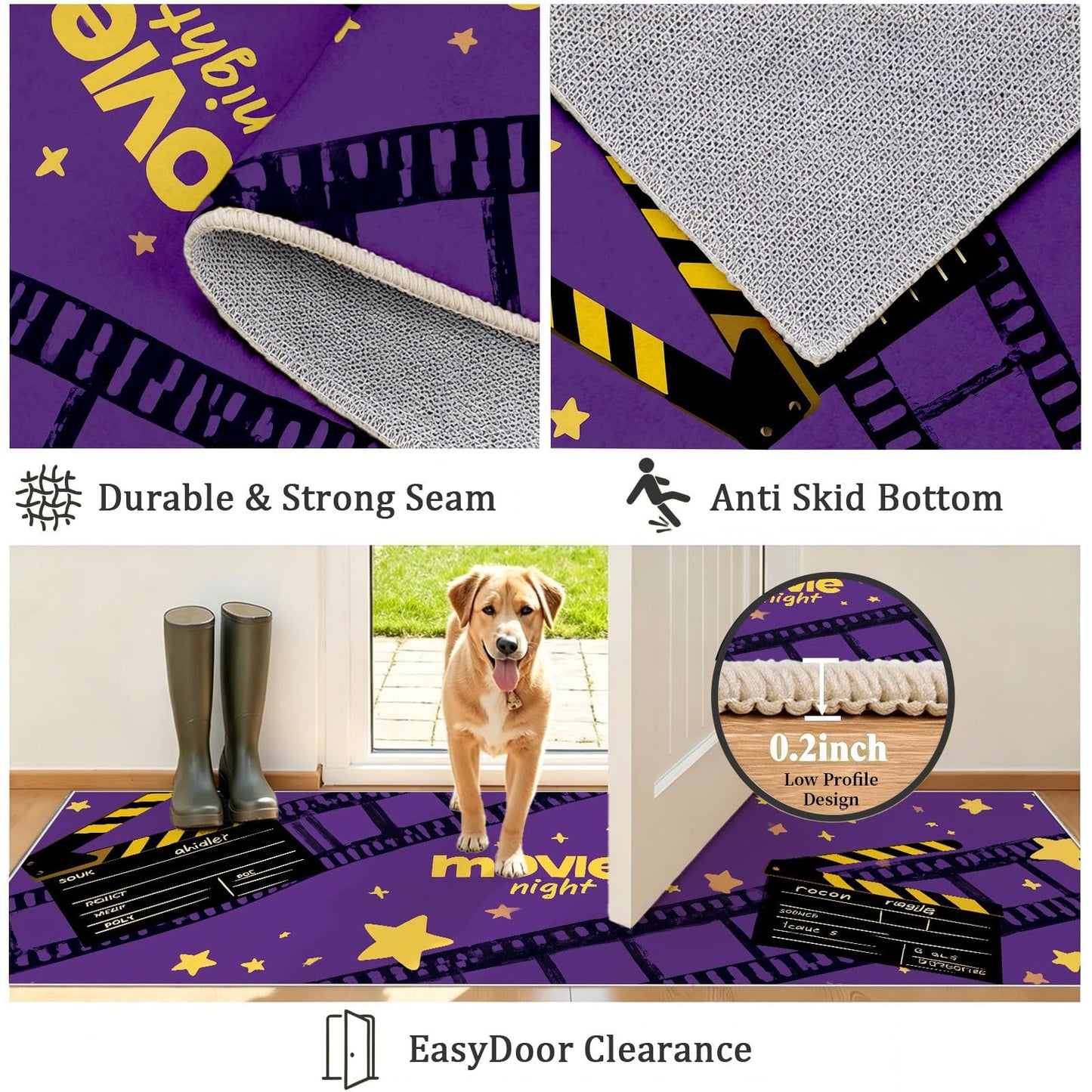 Retro Home Theater Runner Rug 2x6ft Black Clapboard & Film Reel Pattern, Non-Slip Movie Theater Carpet for Hallway, Kitchen, Playroom, Nursery, Farmhouse Decor