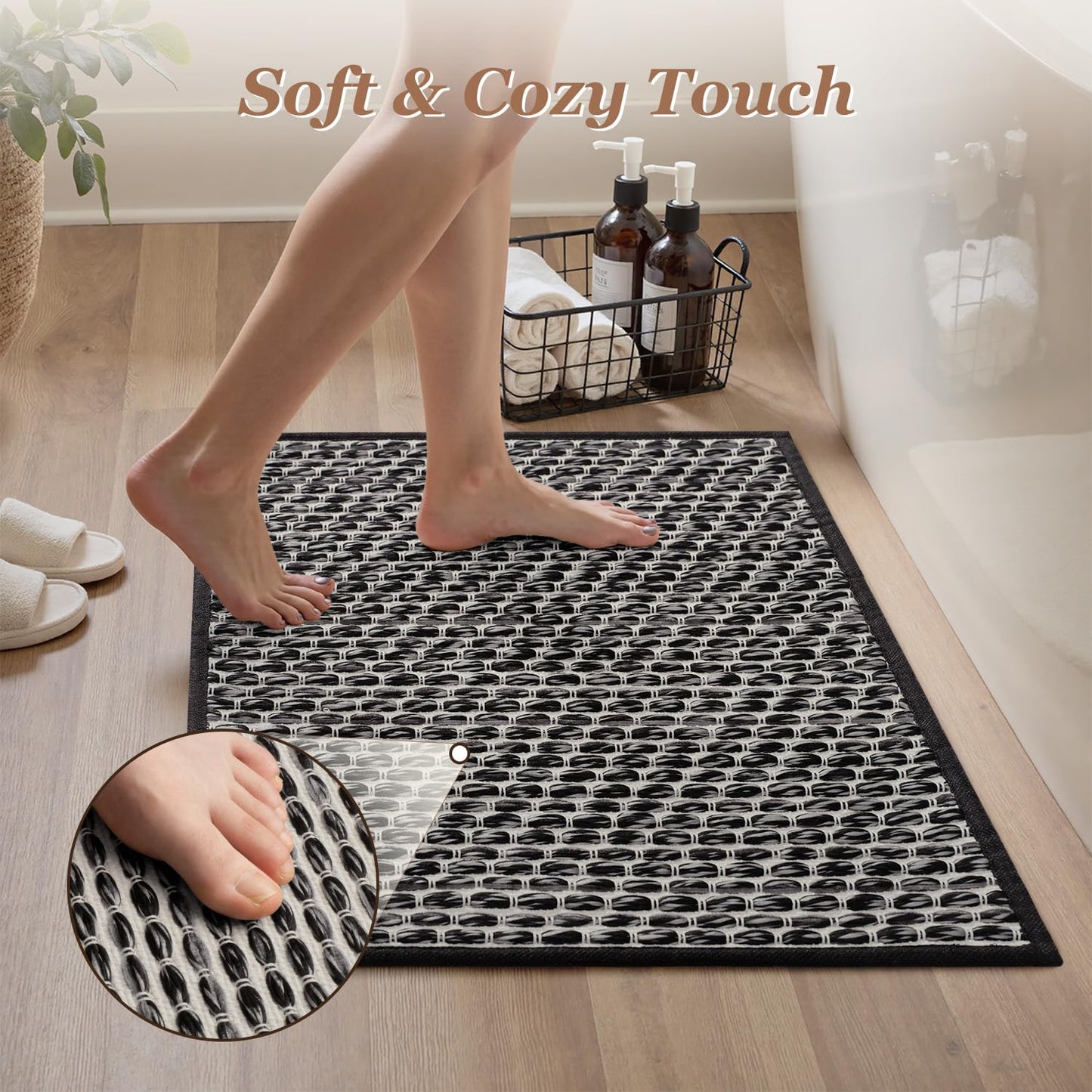 AMOAMI Unique Woven Bath Mat, Super Absorbent Non Slip Bath Mats for Bathroom Floor Textured Bathroom Mat Quick Dry Washable Bath Rug Boho Thin Rugs for Bathroom Beside Tub, 20" x 32", Black