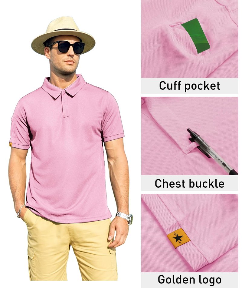 ZITY Mens Polo Shirt Short Sleeve Sports Tactical T-Shirt Athletic Golf Polos Daily Casual Stylish Collared Shirts for Men Pin Large Pink