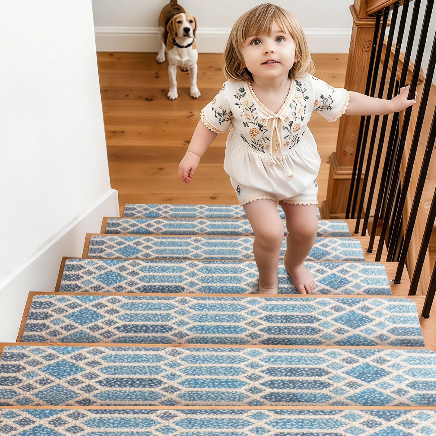 Calore Stair Treads for Wooden Steps Indoor Runner Rug, 15 Pack 8" X 30" Non Slip Carpet with Reusable Adhesive for Kids Elders and Dogs, Peel and Stick Stairs Treads (Blue Grey, 8 X 30inch)