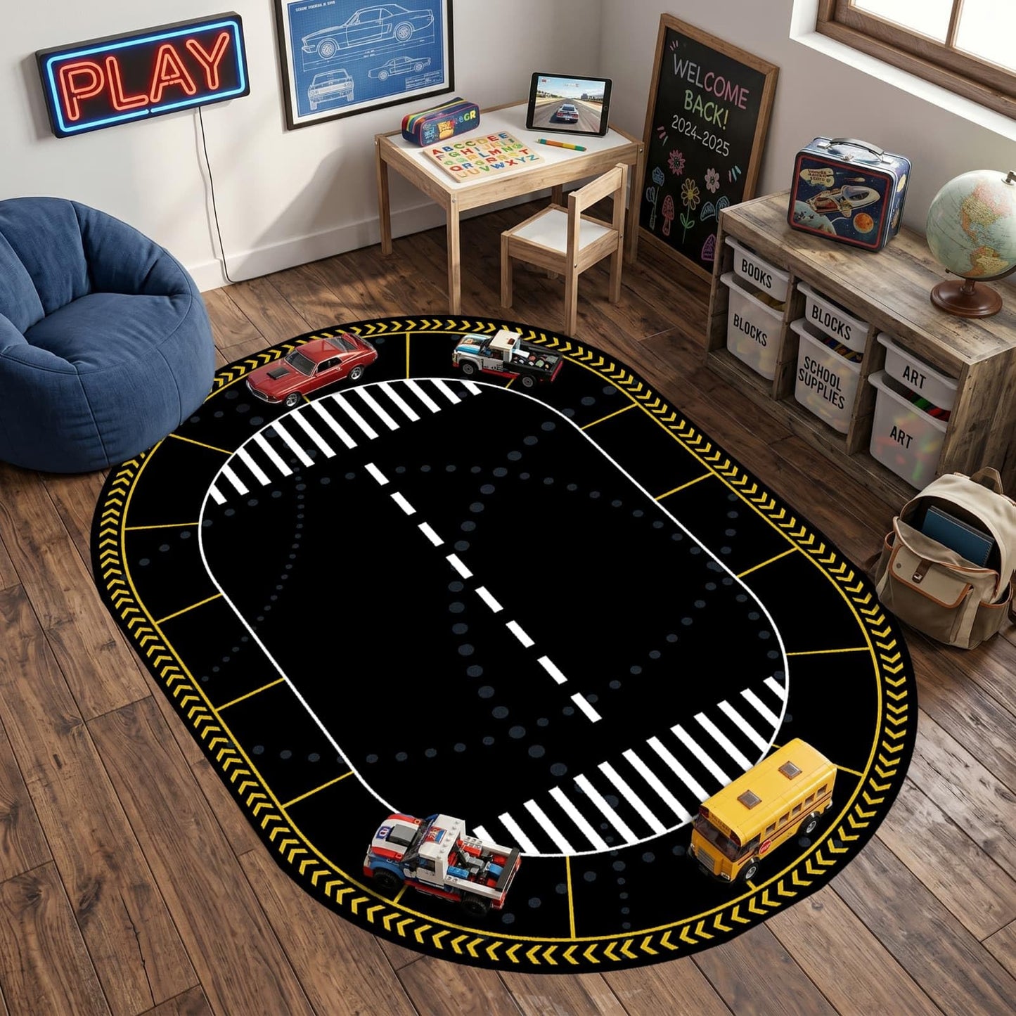 ZLXMN Washable Oval Race Track Rug for Kids Room, 3x4ft, Non-Slip Low Pile Car Road Play Mat for Boys Bedroom, Pet-Friendly Playroom Floor Carpet Decor Indoor Area Rugs