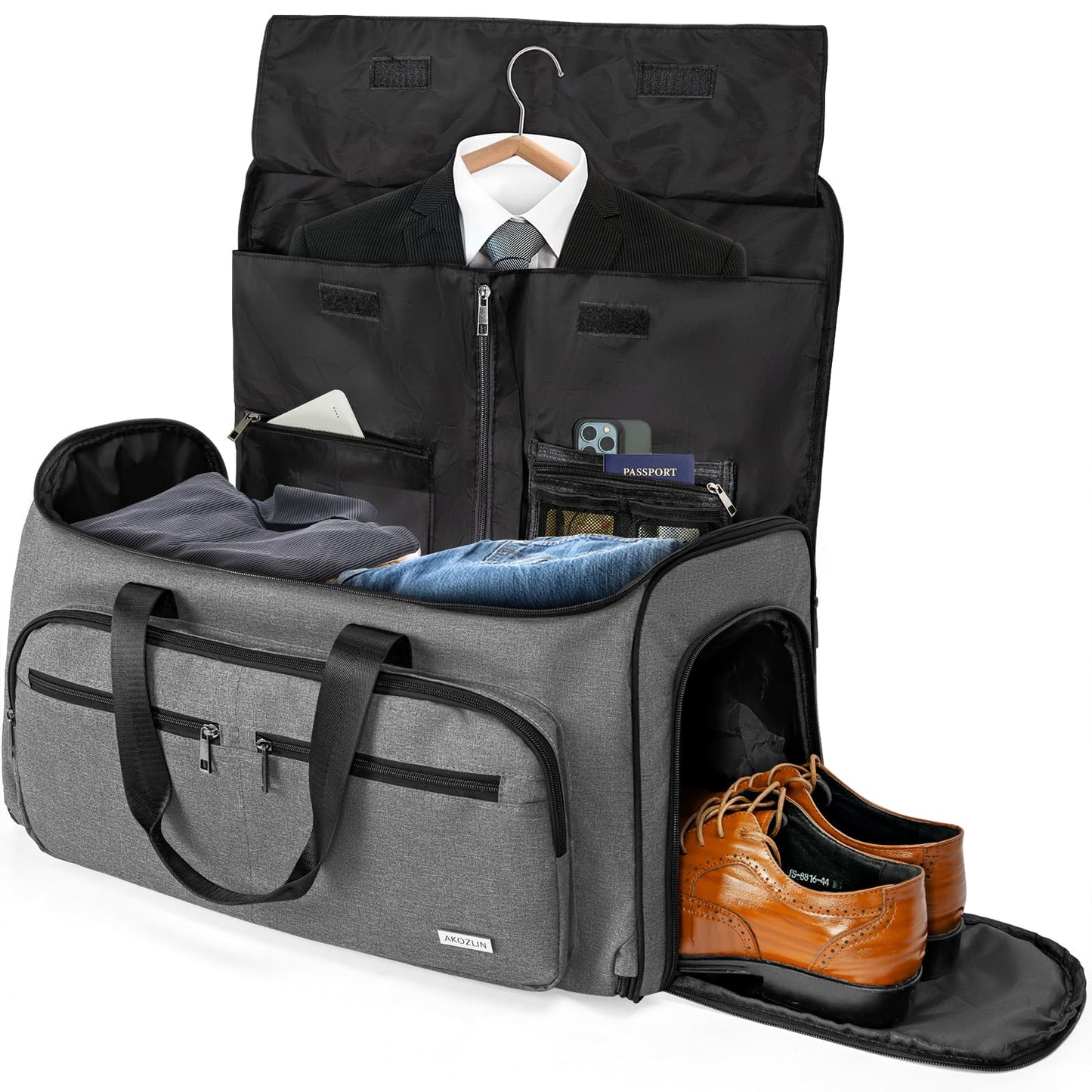 AKOZLIN Convertible Garment Bag for Travel 3 in 1 Carry On Garment Duffle Bag with Shoes Compartment Hanging Suitcase Suit Travel Storage Bags For Men Women Grey