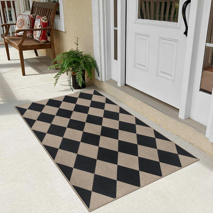 Rugalia Easy Jute Checkered Entryway Rug, 2.6x4 Black Modern Indoor Outdoor Doormat, Washable Non-Slip Neutral Kitchen Rug Farmhouse Diamond Throw Rugs for Entrance Bedroom Bathroom