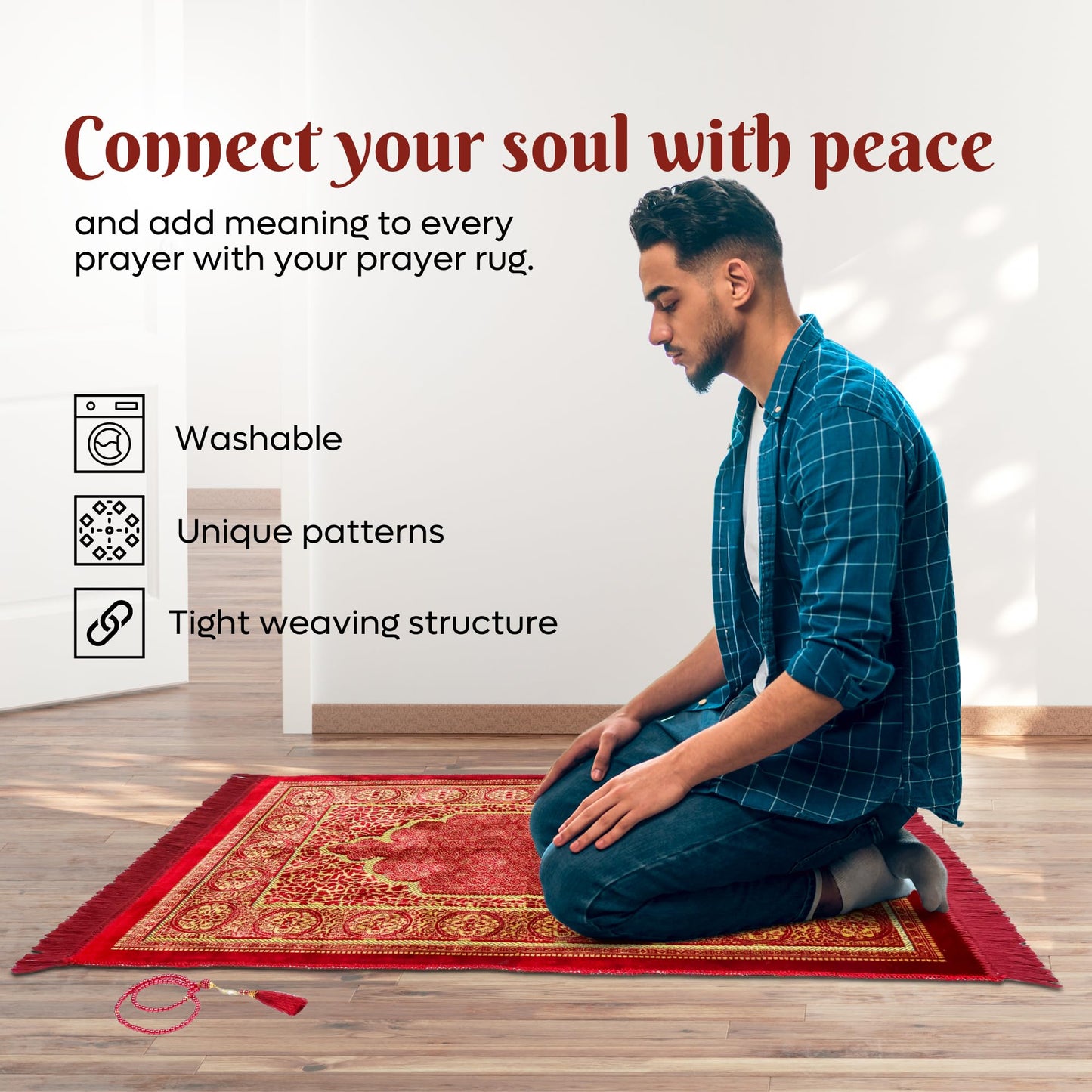 FIRASET Muslim Prayer Rug, Soft Plush Thin Islamic Prayer Mat, Janamaz, Sajada, Praying Carpet, Islamic Gift for Men & Women, Islamic Mat, Bordeaux, Eid & Ramadan Gift with Prayer Beads, 26x43 inch