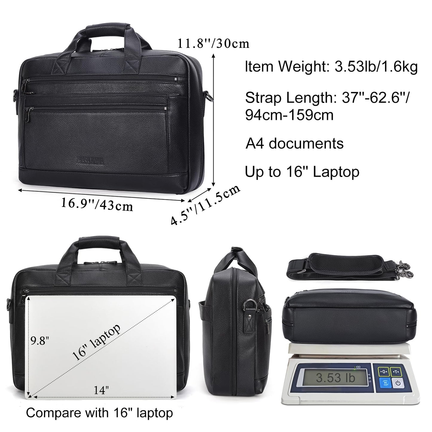 Masa Kawa Men’s Leather Briefcase for 16" Laptop Waterproof Crossbody Shoulder Messenger Bag Business Travel Work Computer Attache Case, Black