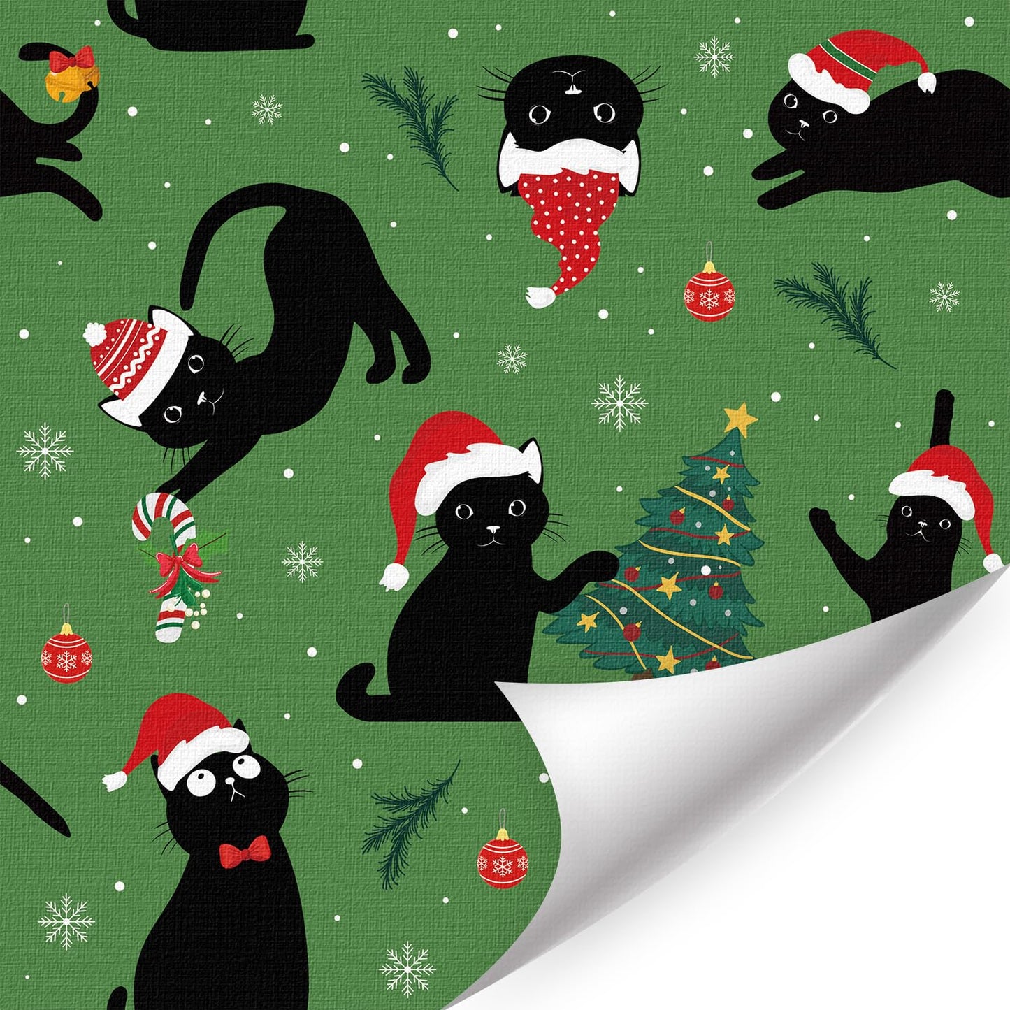 LHIUEM 17.3”X118”-Christmas Cat Wallpaper Peel and Stick Merry Christmas Tree Contact Paper for Cabinets Black Cats Santa Hats Wallpaper Candy Cane Gift Wrapping Paper for Cat Lovers Party