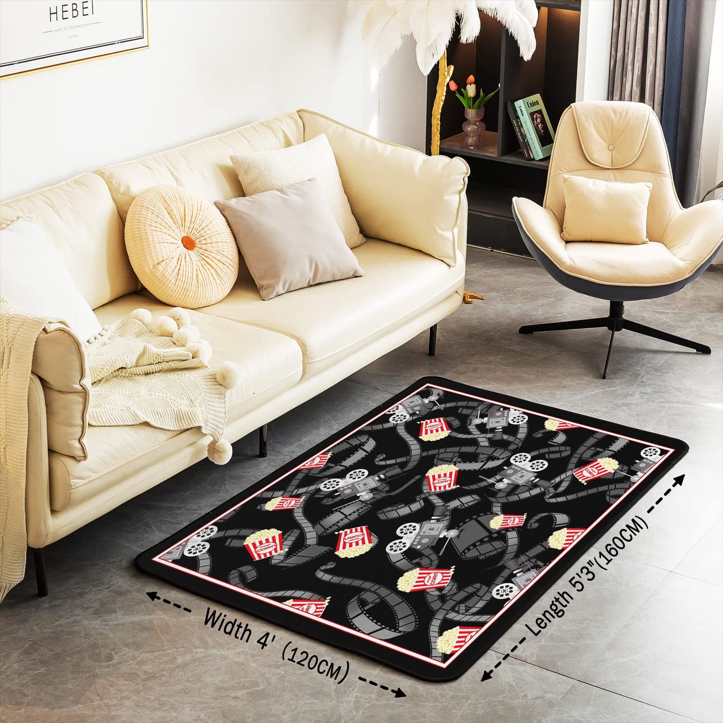 Movie Theater Indoor Floor Mat Cinema Poster Decorative Carpet, for Popcorn Movie Night Film Star Red Black Living Room Rugs Old Fashion Home Decor Area Rug 5'x7'