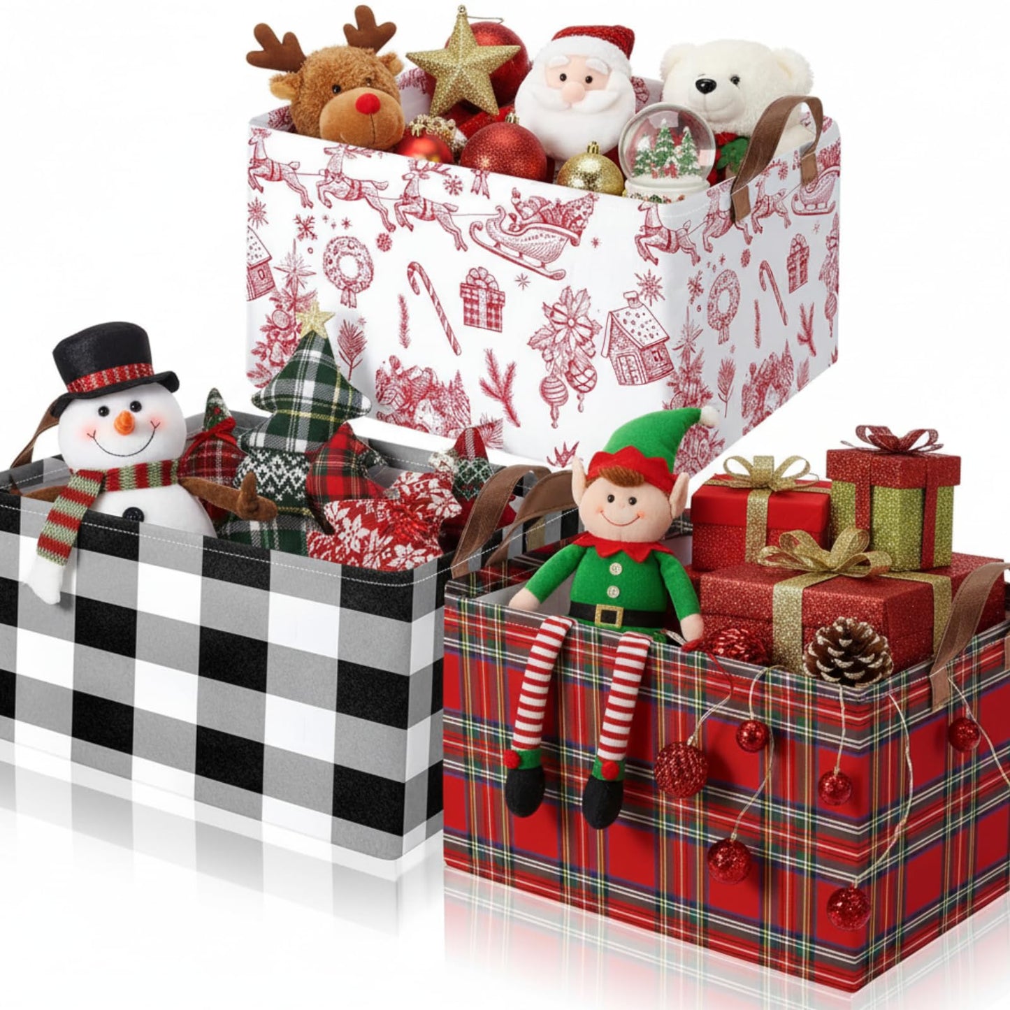 Boao 3 Pcs Christmas Foldable Storage Bins Red Black Plaid Laundry Basket with Handles Waterproof Elk Santa Claus Fabric Shelf Baskets for Organizing Closet Clothes