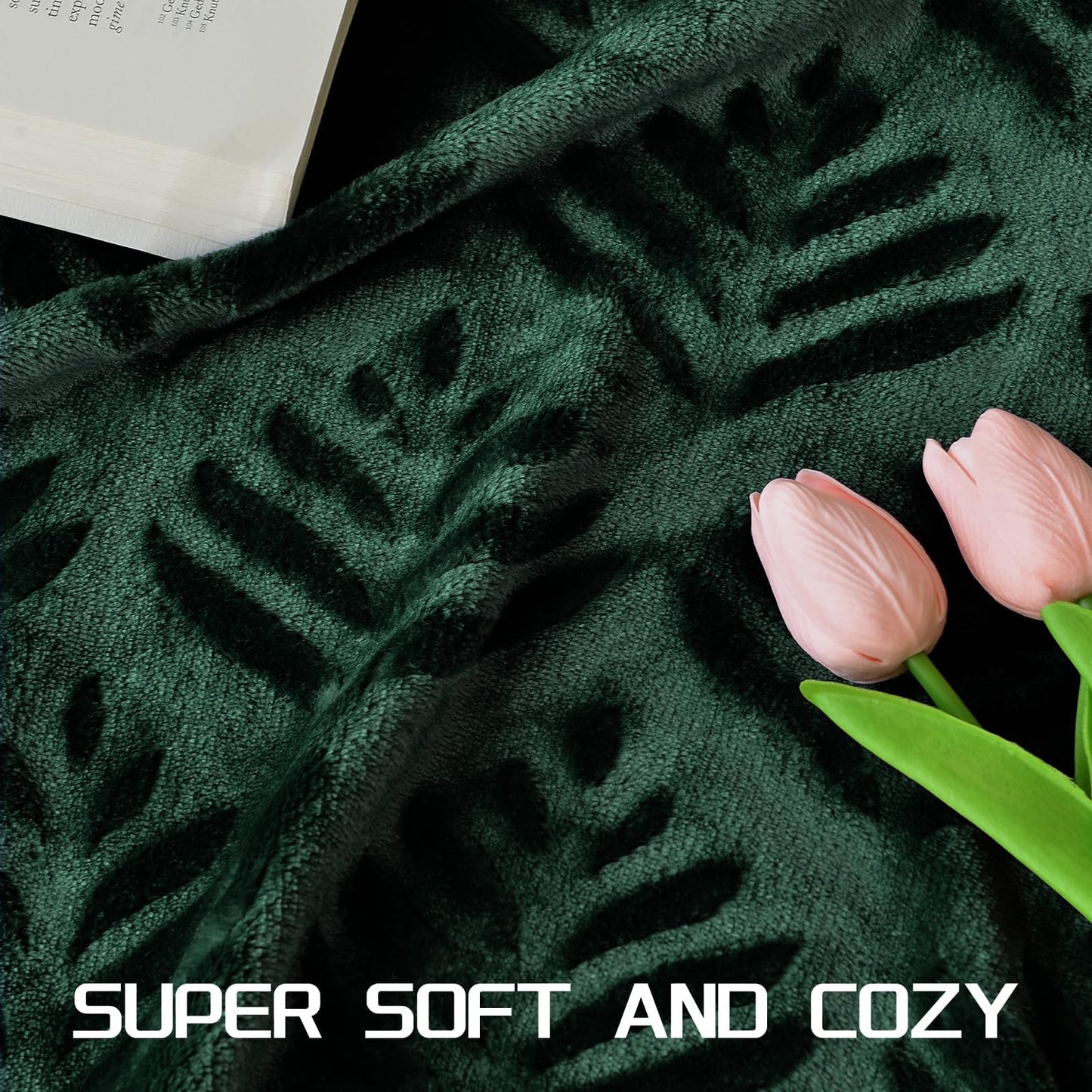 Exclusivo Mezcla King Size Fleece Blanket for Bed, Super Soft and Cozy Blankets All Season Use, Leaves Pattern, Plush Fuzzy Lightweight, Forest Green, 90x104 Inch