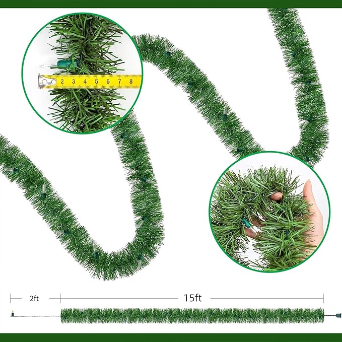 WATERGLIDE Lighted Christmas Green Garland 15FT, with Clear String Lights, Pre-lit Artificial Greenery Garlands, Plug in & Connectable Xmas Lights for Indoor Outdoor Holiday Party Decor