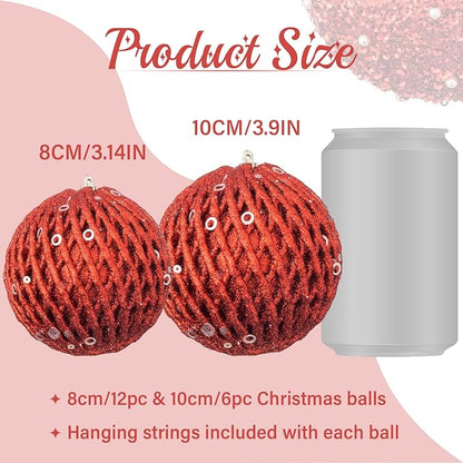 6pcs 3.94" Christmas Ball Ornaments Glitter Shatterproof Christmas Tree Ornaments Sequin Xmas Hanging Balls Decorations for Wedding Party Holiday(Red, 6pc-10cm)
