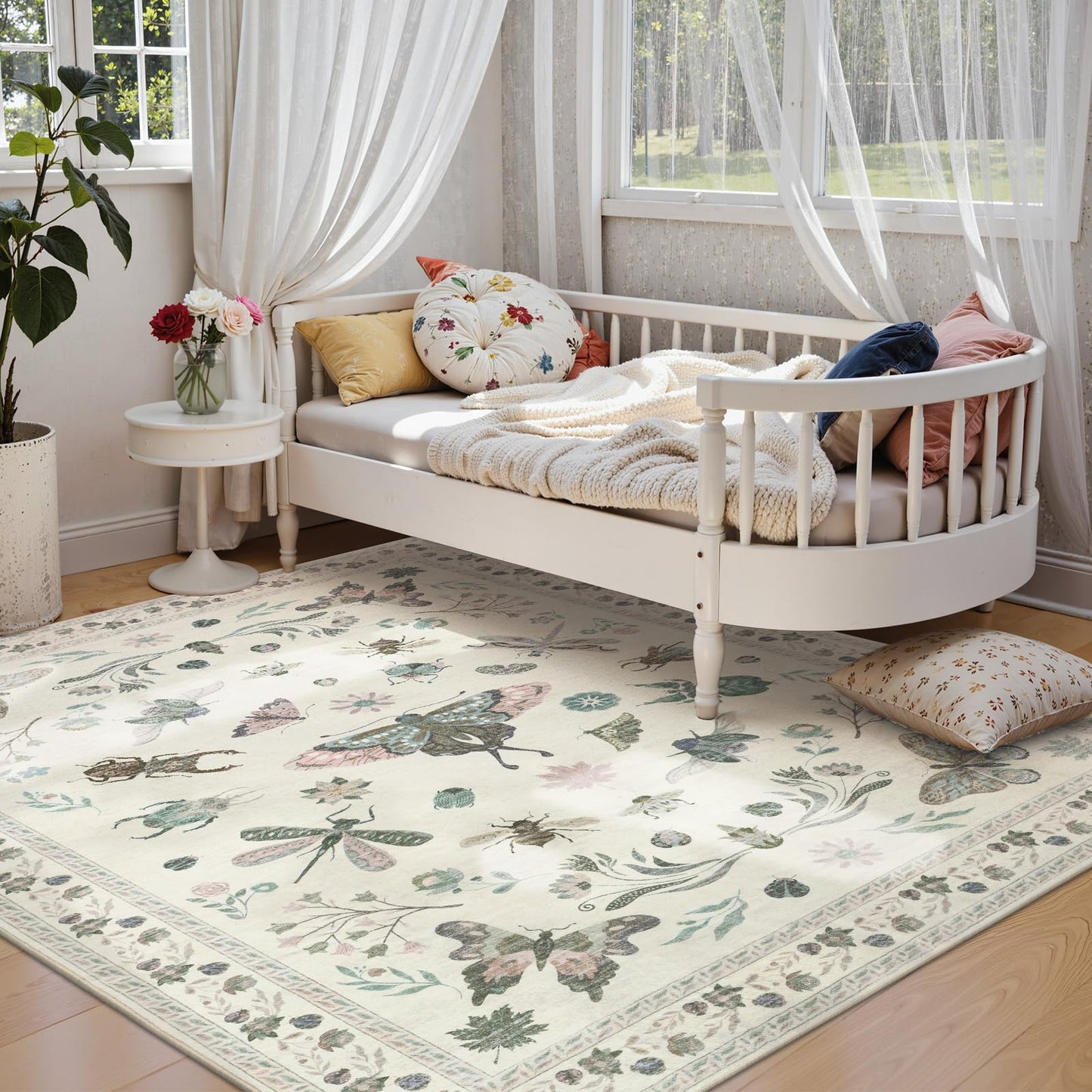 Dadasgk Insect Print Washable Area Rugs 5x7, Soft Rugs for Living Room, Ultra-Thin Non Slip Modern Bedroom Rug, Throw Rug Large Boho Carpet for Dining Room Kids Nursery Office, Beige