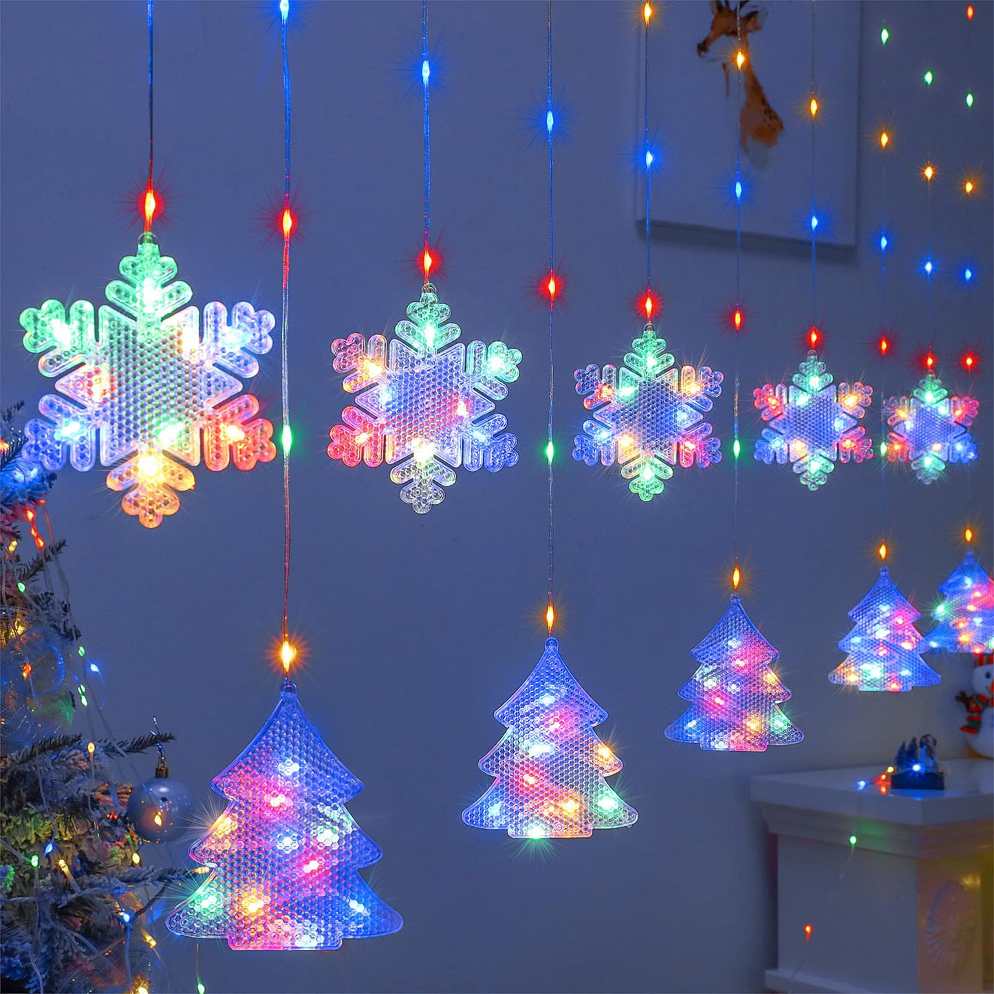 BLOOMWIN Christmas Window Lights Indoor - 2M 160 LED Christmas Window Decorations, Snowflake Curtain Hanging Fairy String Icicle Lights for Xmas Noel Bedroom Holiday Home Outdoor, RGB USB