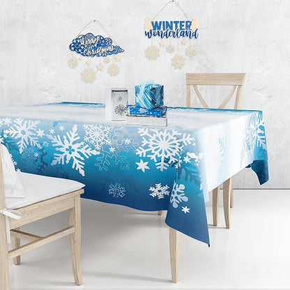 Snowflake Tablecloth 54"x108" Rectangle Blue White Snowflakes Fabric Dining Table Cover for Christmas Holiday Winter Wonderland Frozen Farmhouse Outdoor Picnic Camping Party Table Decor Supplies