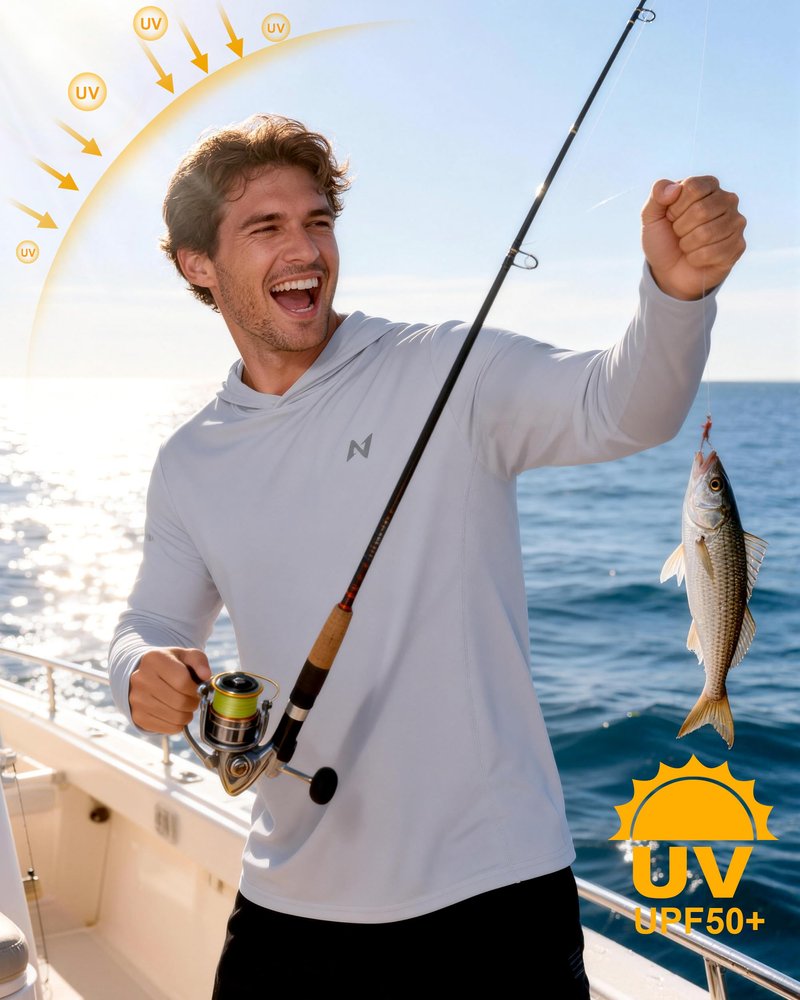 isnowood Mens UPF 50+ Sun Hoodie, Long Sleeve UV protection Fishing Shirts, Hooded Lightweight Hiking Running Swim Rash Guard Grey