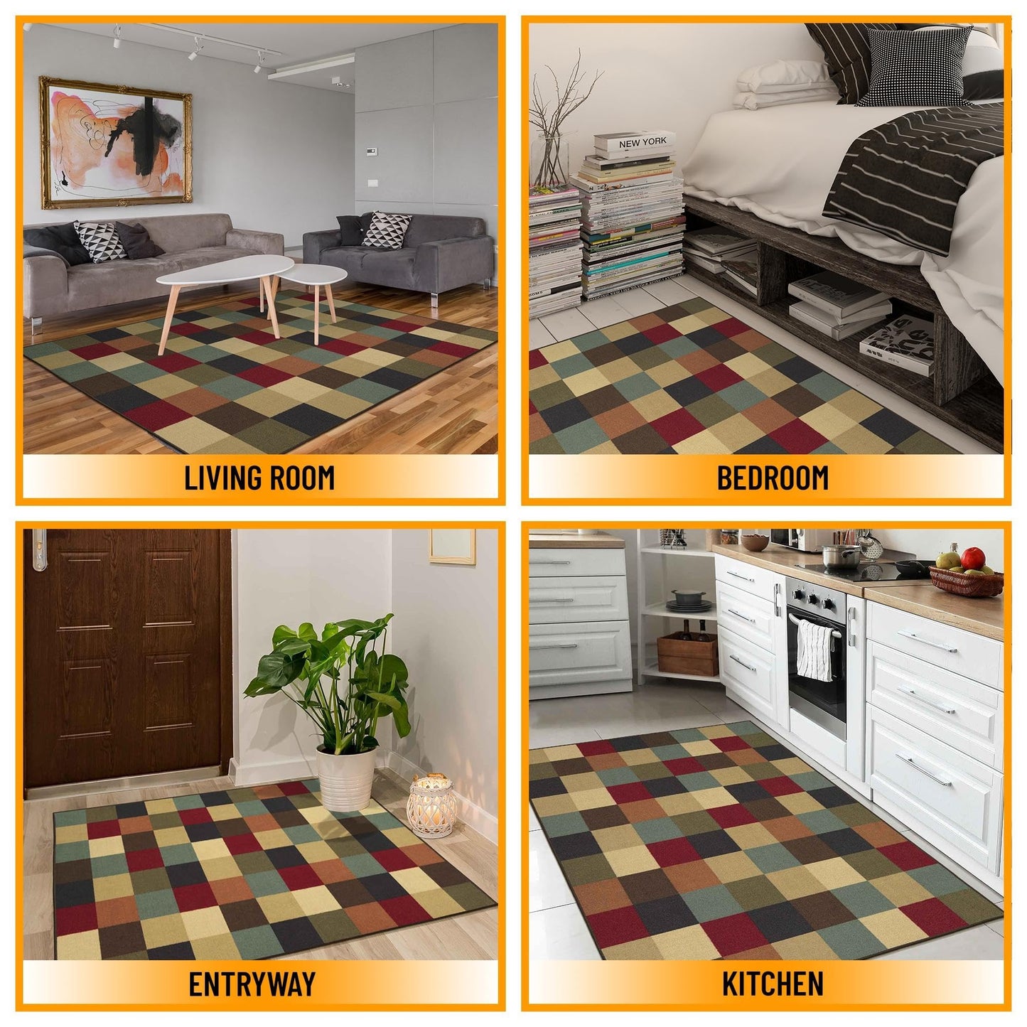 Ottomanson Accent Rug – Non Slip Low Pile Small Rug for Entryway, Bedroom, Bedside & Coffee Table Areas, 2'7" x 4', Checkered Multicolor