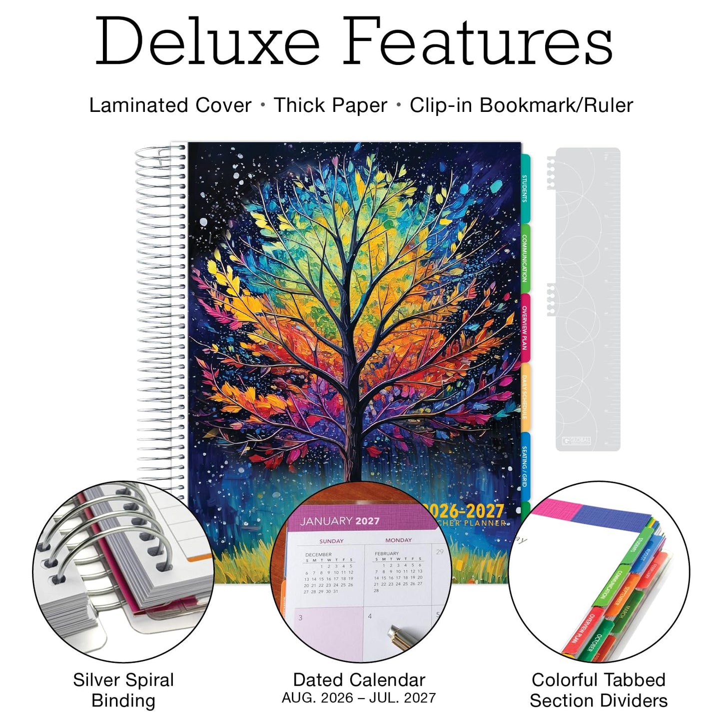DELUXE TEACHER PLANNER Aug 2026-Jul 2027 8.5x11 Daily Weekly Monthly Organizers with 7 Periods, Pocket Folder, Dated Calendar, Page Tabs, Bookmark and Planning Stickers (Black Tree Seasons)
