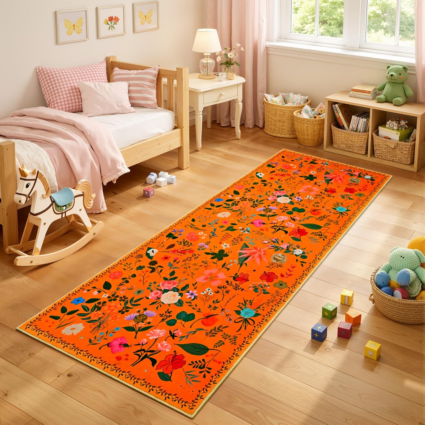 ISEAU Floral Kitchen Rugs 2x6, Washable Boho Flower Area Rug, Non-Slip Low-Pile Carpet with TPE Backing for Bedroom, Kid Friendly Flower Rug for Hallway Nursery Runner Laundry Dining Room, Orange