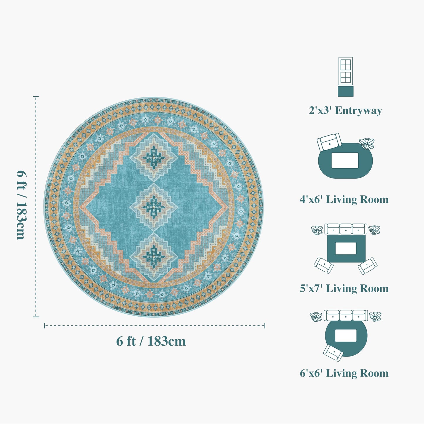 Clemile 6x6 Round Area Rug - Washable Ultra-Thin Living Room Rug Vintage Non-Slip Carpets - Soft & Stain Resistant Rug for Kitchen Bedroom Dining Room Blue Yellow