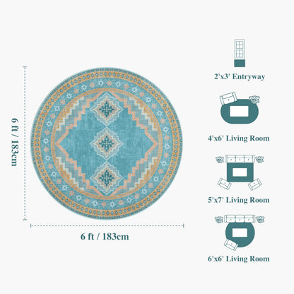 Clemile 6x6 Round Area Rug - Washable Ultra-Thin Living Room Rug Vintage Non-Slip Carpets - Soft & Stain Resistant Rug for Kitchen Bedroom Dining Room Blue Yellow