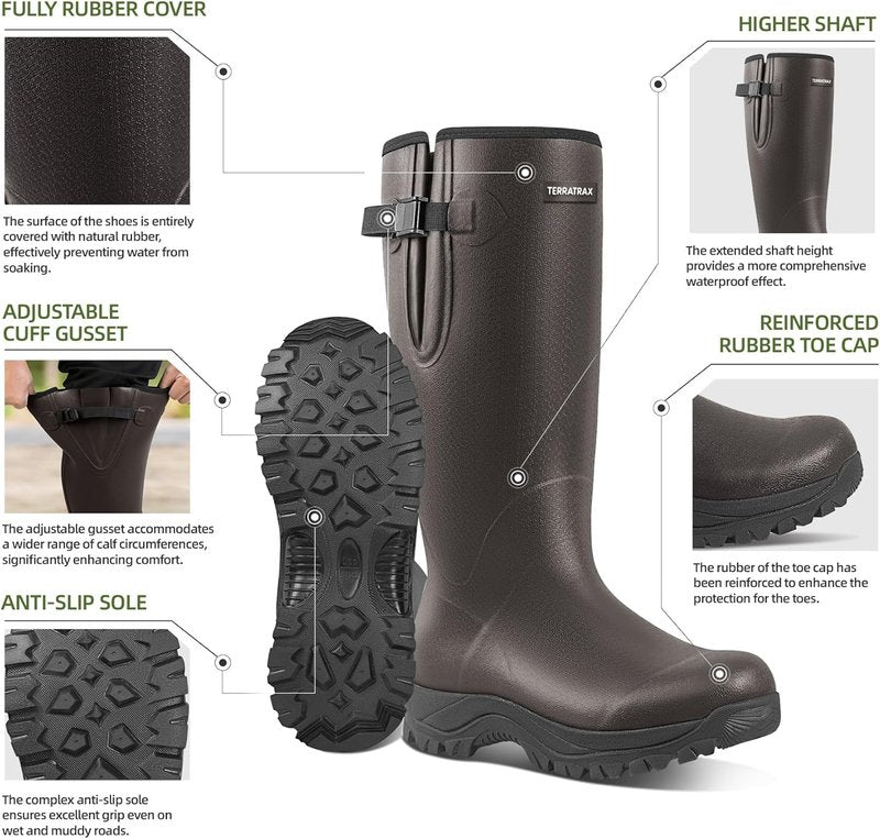 Men's Waterproof Rubber Boots - 6mm Neoprene, 15" Shaft | Lightweight Anti-Fatigue Rain & Mud Boots for Work & Fishing