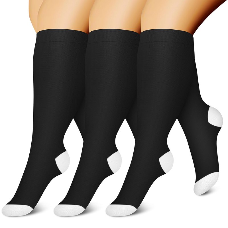 CHARKING Plus Size Compression Socks for Women & Men - Circulation Support 3 Pairs Wide Calf 15-20 mmHg (Black, X-Large)