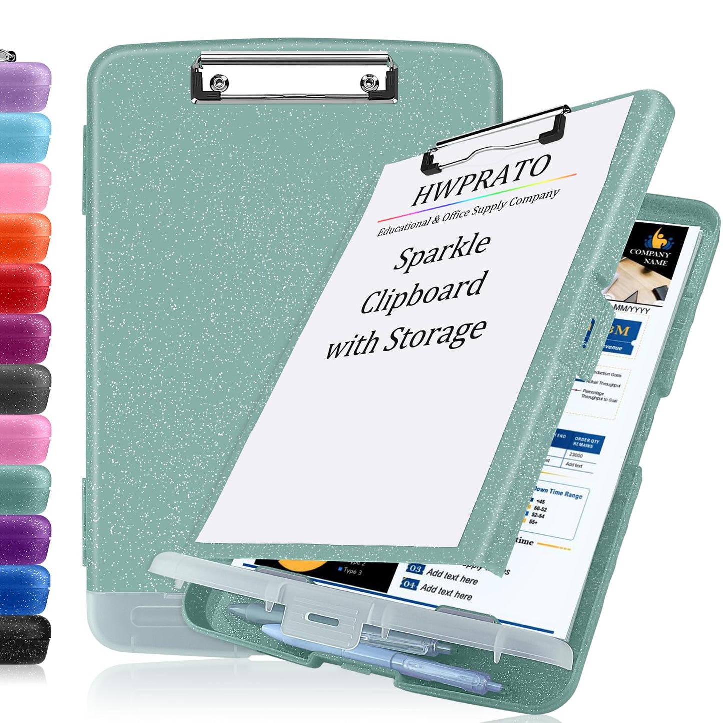 HWPRATO Glitter Clipboard with Storage, Clip Boards 8.5x11 with Pen Holder, Binder Clipboards with Low Profile Clip Heavy Duty Plastic Nursing Clipboard Folder Side Opening (Glitter Grayish Green)