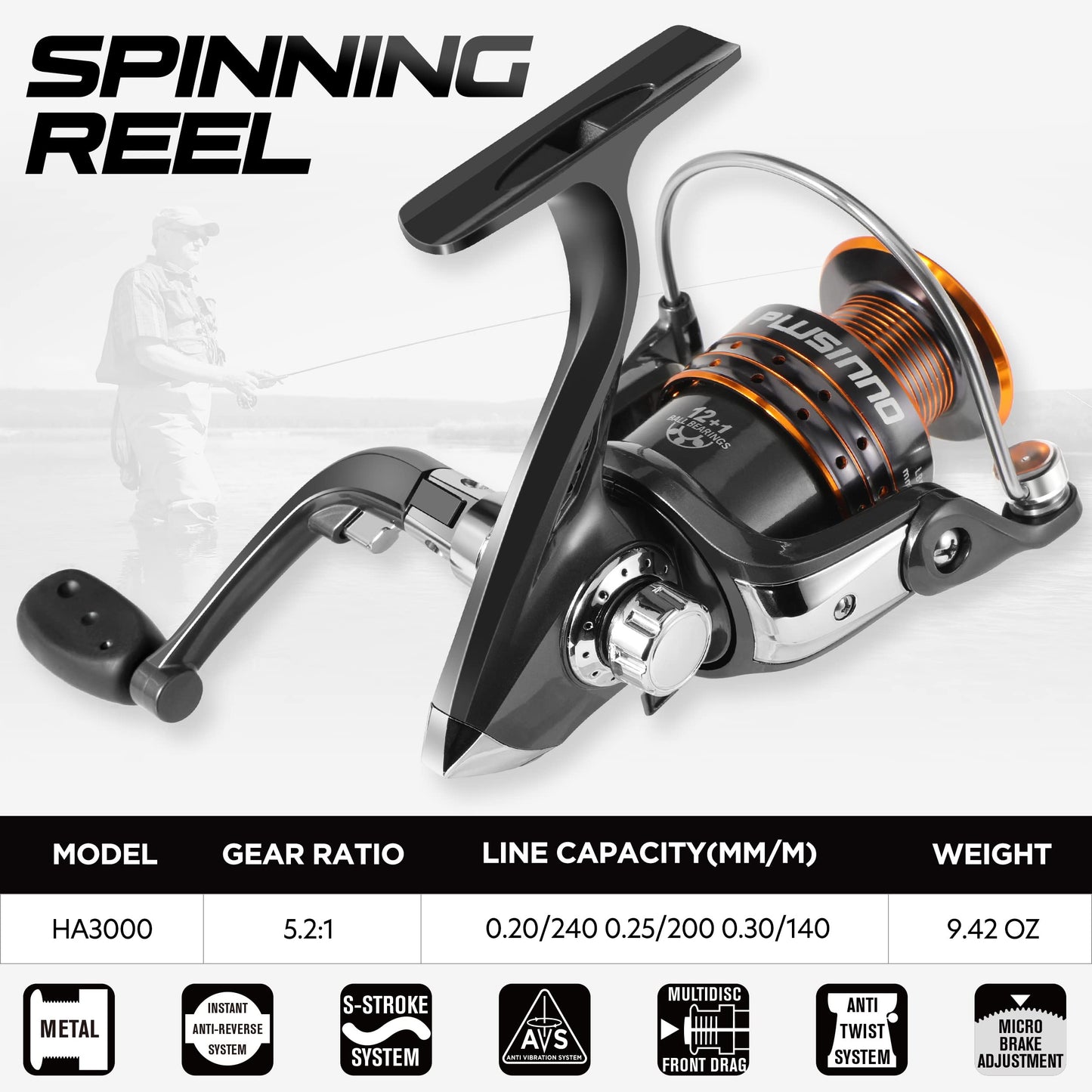 PLUSINNO Fishing Rod and Reel Combos, Toray 24-Ton Carbon Matrix Telescopic Fishing Rod, 12 +1 Shielded Bearings Stainless Steel BB Spinning Reel