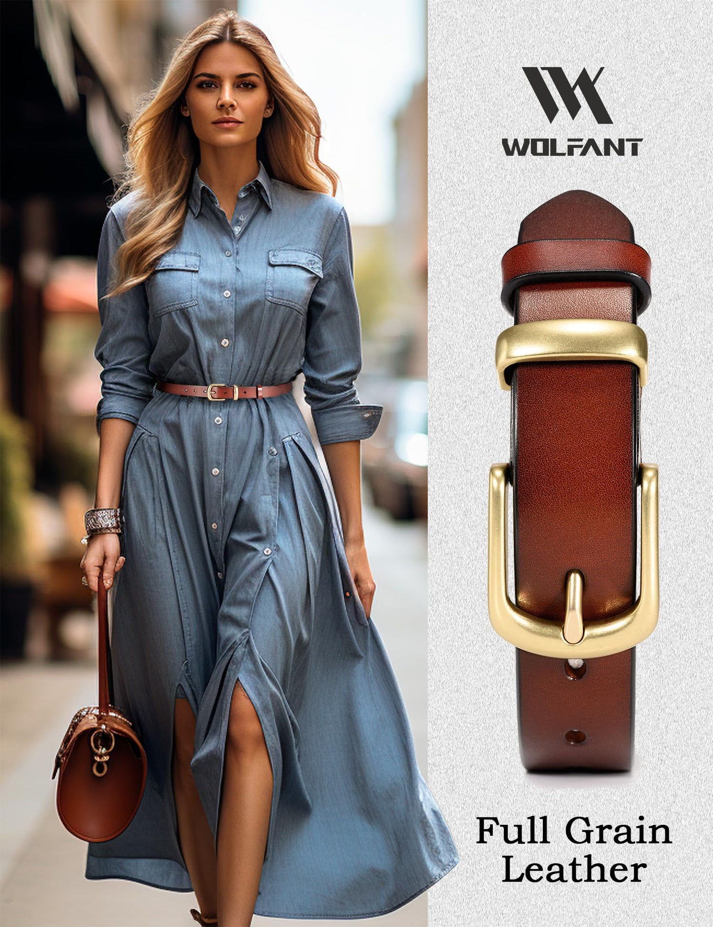 WOLFANT Womens Belts for Jeans in Gift Box,1.1" Ladies Belt with Gold Buckle,100% Italian Full Grain Real Solid Leather