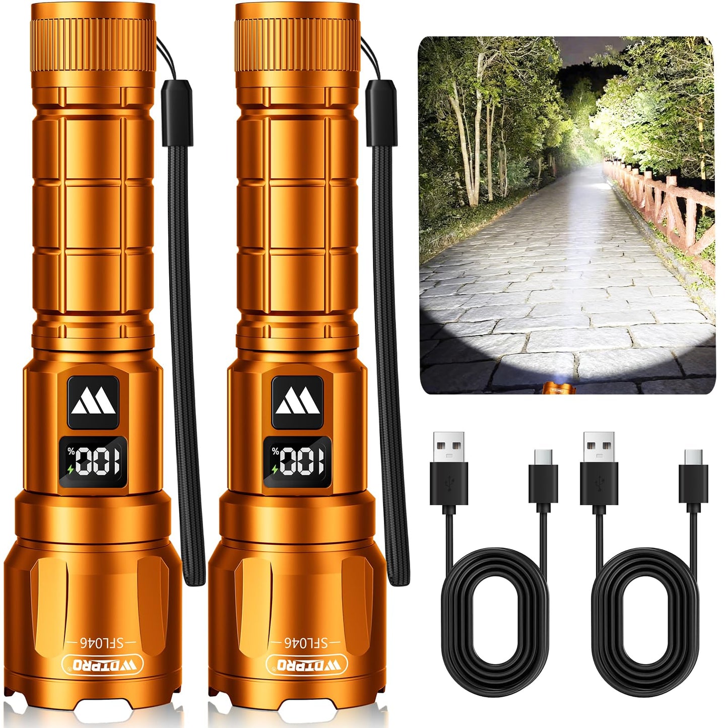 Wdtpro LED Rechargeable Flashlight 2 Pack, 3 Modes Super Bright High Lumens Flashlights, Zoomable Tactical Flash Light with LCD Display, IP65 Waterproof Flashlights for Home Emergency Camping - Orange