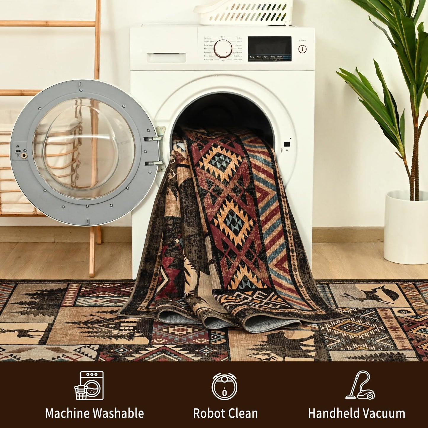 HOMORE Rustic Cabin Living Room Rugs 5x7, Washable Southwestern Area Rug Geometric Carpet with Bear Print, Western Rug for Bedroom Dining Room,Brown
