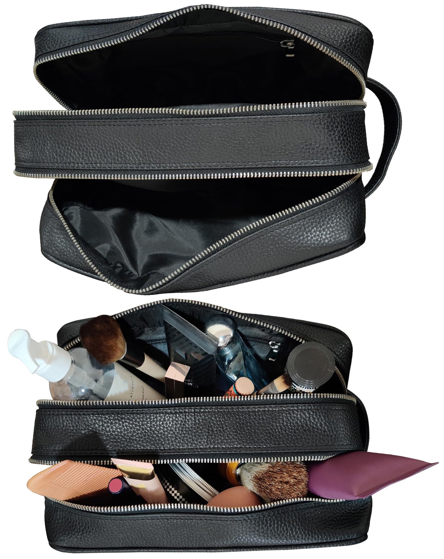 RUSTIC TOWN Full Grain Leather Travel Toiletry Bag - Cosmetic Makeup Kit Organizer (Medium, Black)