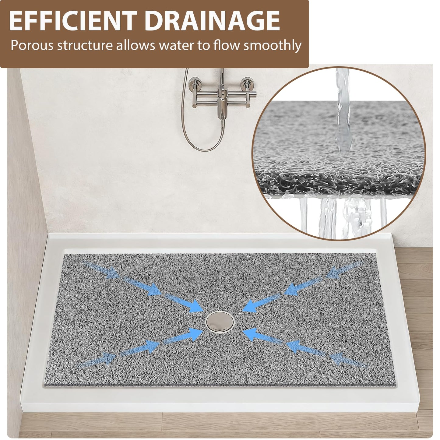 Extra Large Non Slip Shower Mat: 39.4x27.5 inch Loofah Shower Mat for Inside Shower with Drain Hole in Middle, Soft PVC Anti-Slip Shower Stall Mats for Bathroom,Wet Area, Quick Drying