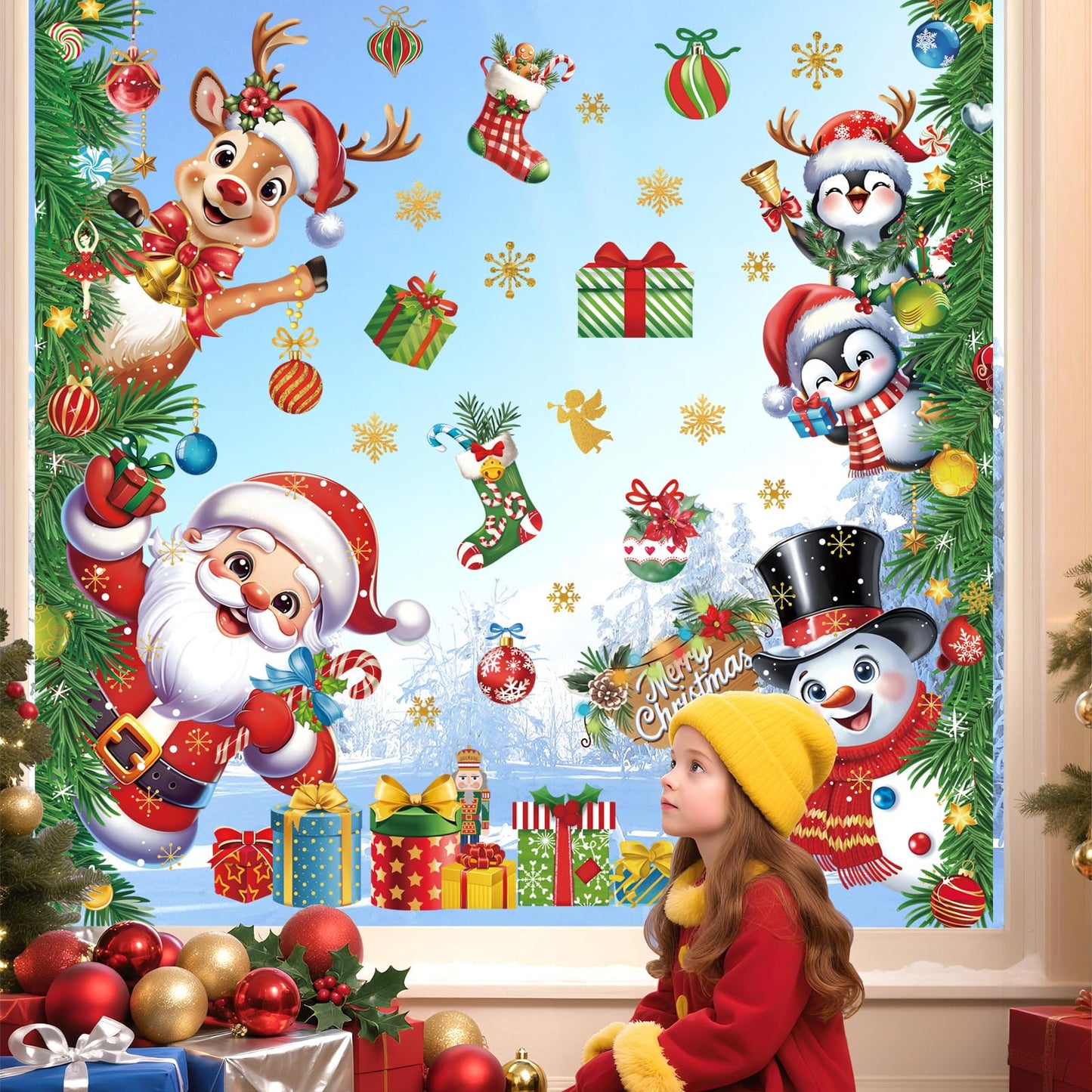 wondever 3D Christmas Santa Claus Reindeer Wall Stickers Snowman Penguin Snowflakes Peel and Stick Wall Art Decals for Window Xmas Home Party