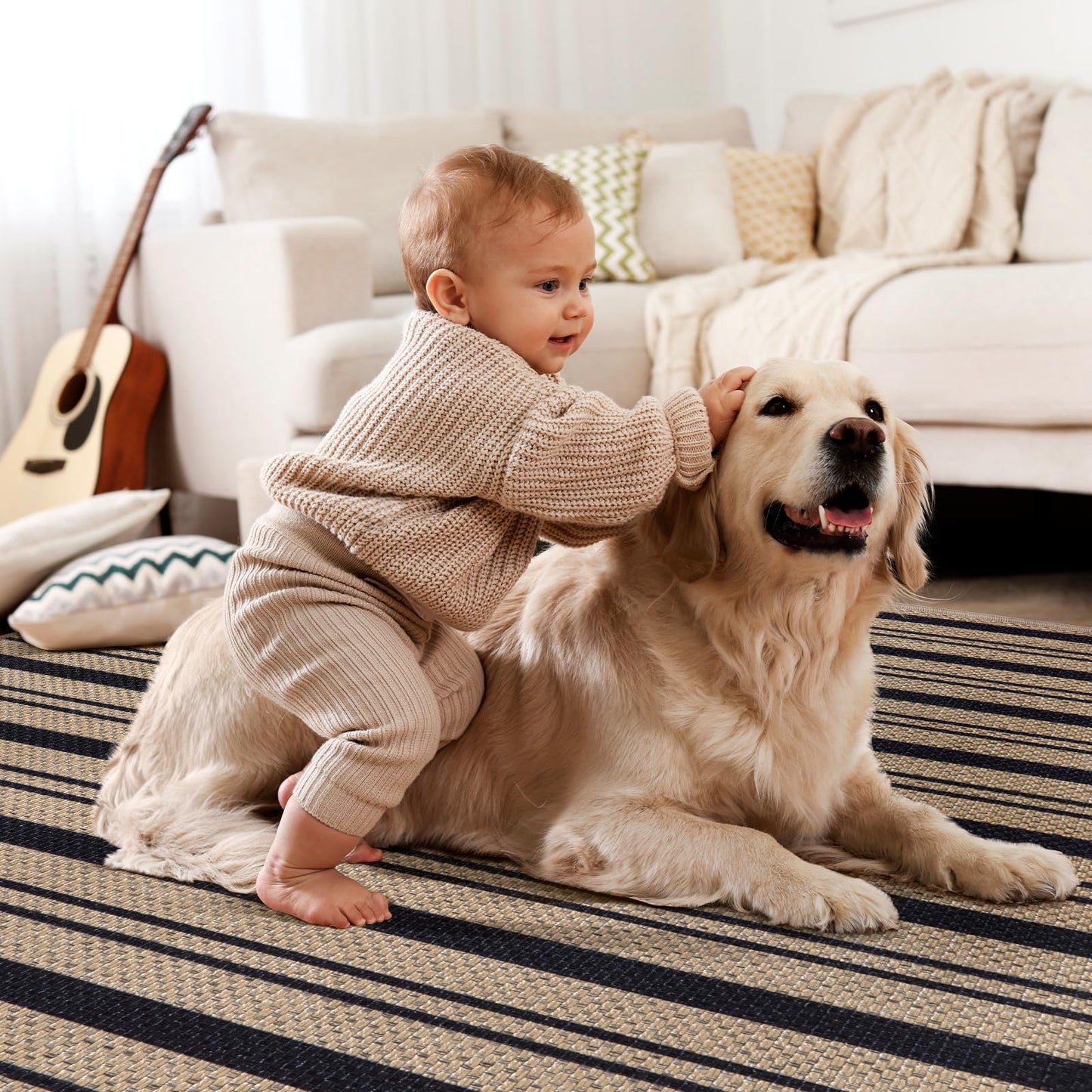 Tangsoo Stripe Easy Jute Rug,Ultra Thin 3x5 Washable Area Rug for Bedroom,Non-Slip Black Indoor Outdoor Rug Modern Farmhouse Low Pile Carpet for Patio Backyard Entryway