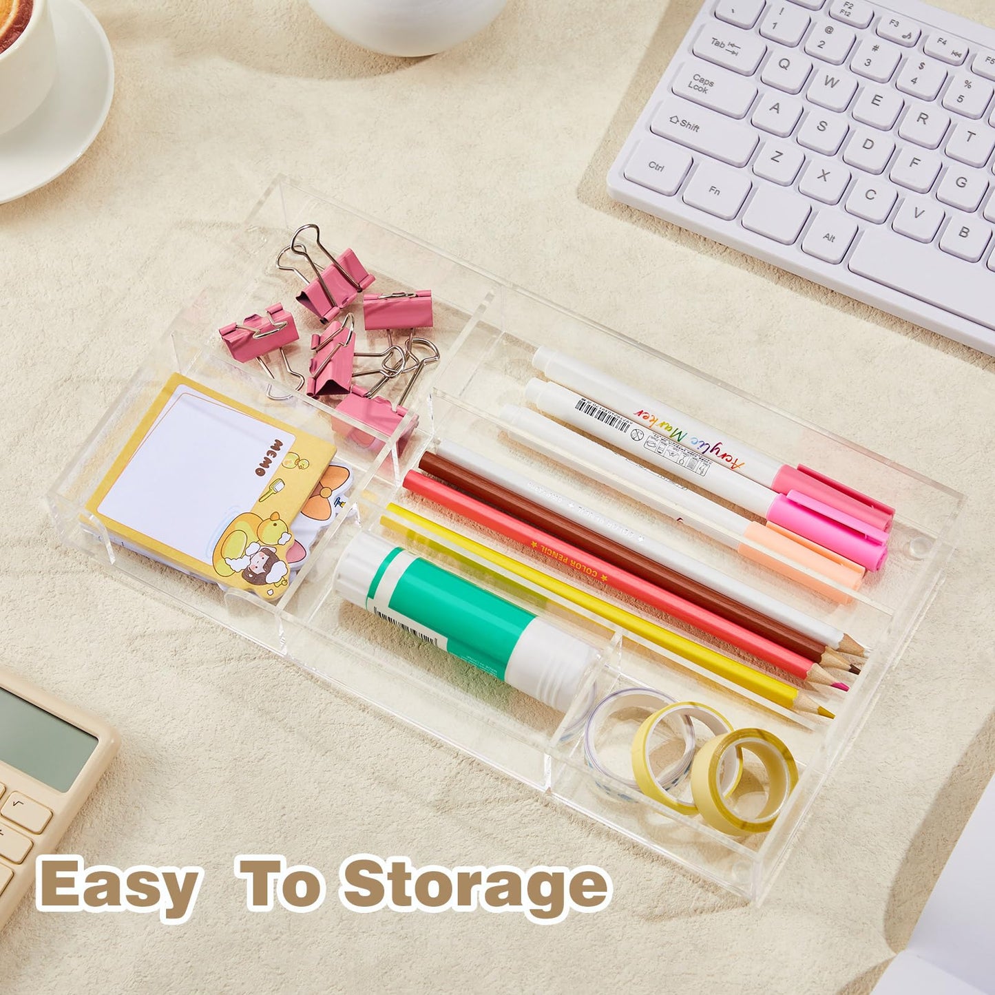 Briwooody Clear Acrylic Desk Drawer Organizer 11 x 6.1 x 1.38 Inch Storage Tray Organizer for Pens, Stationery, Desktop, Office, Bathroom, Kitchen, Makeup Supplies (6 Compartments)