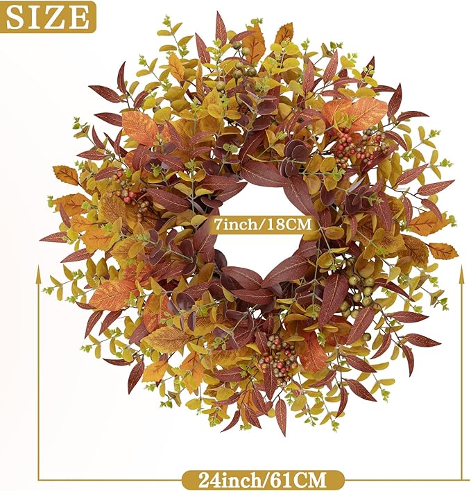 Fall Wreaths for Front Door 24 Inch Large Artificial Autumn Wreath with Eucalyptus Leaves Harvest Thanksgiving Indoor Outdoor Decor Porch Window Wall Farmhouse Rustic Hanging Door Decorations