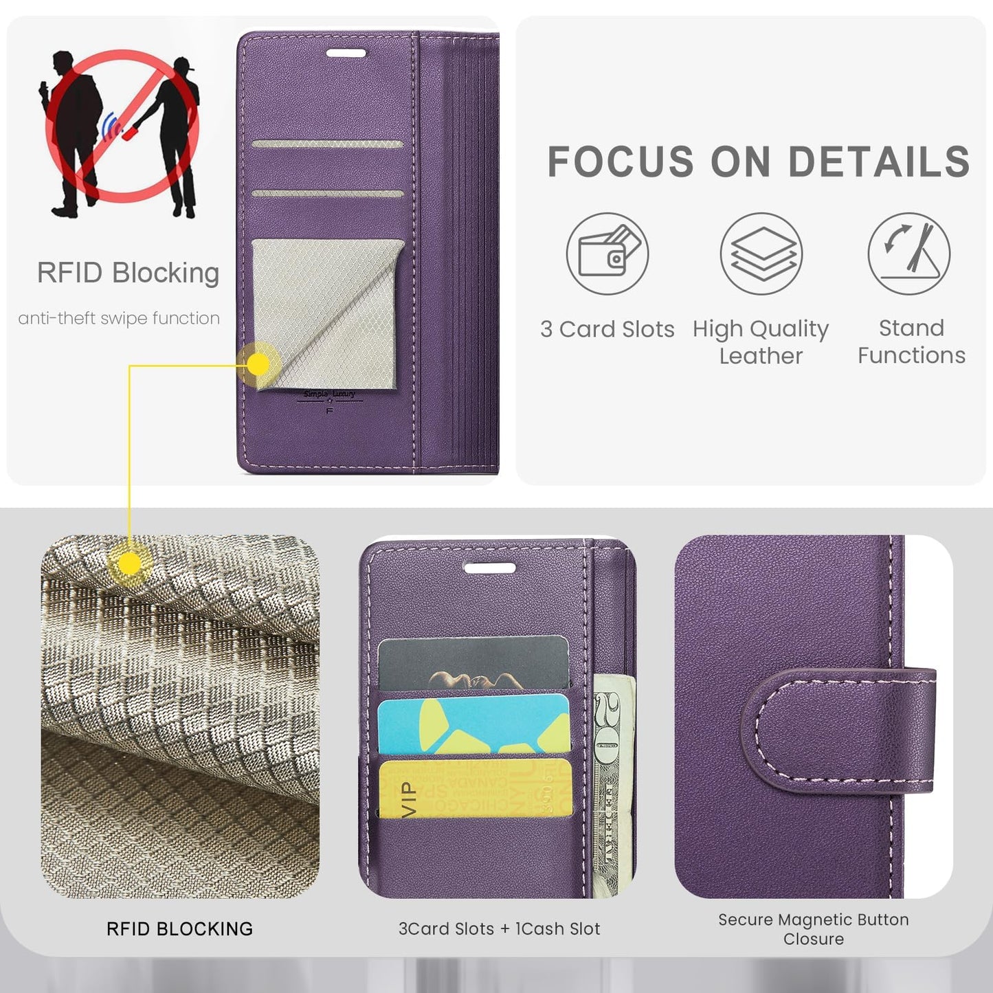 FLIPALM Wallet Case for iPhone 15 Series, RFID Blocking Credit Card Holder, PU Leather Folio Flip Kickstand Protective Shockproof Cover for Apple 15 Series (Purple, iPhone 15 Pro Max - 6.7")