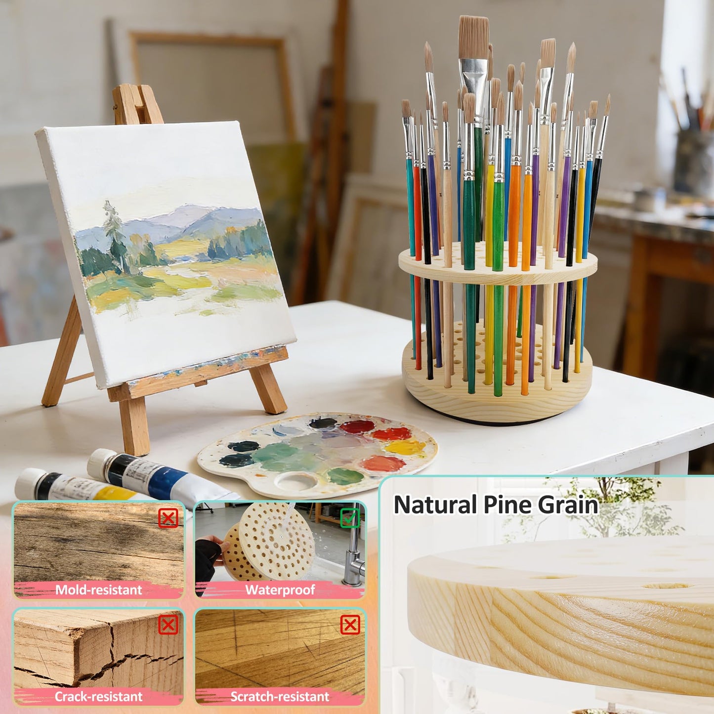 BREENHILL 71-Hole Rotating Paint Brush Holder, Large Capacity Wooden Paint Brush Organizer, 360° Spinning Brush Storage Rack for Watercolor, Acrylic, Calligraphy